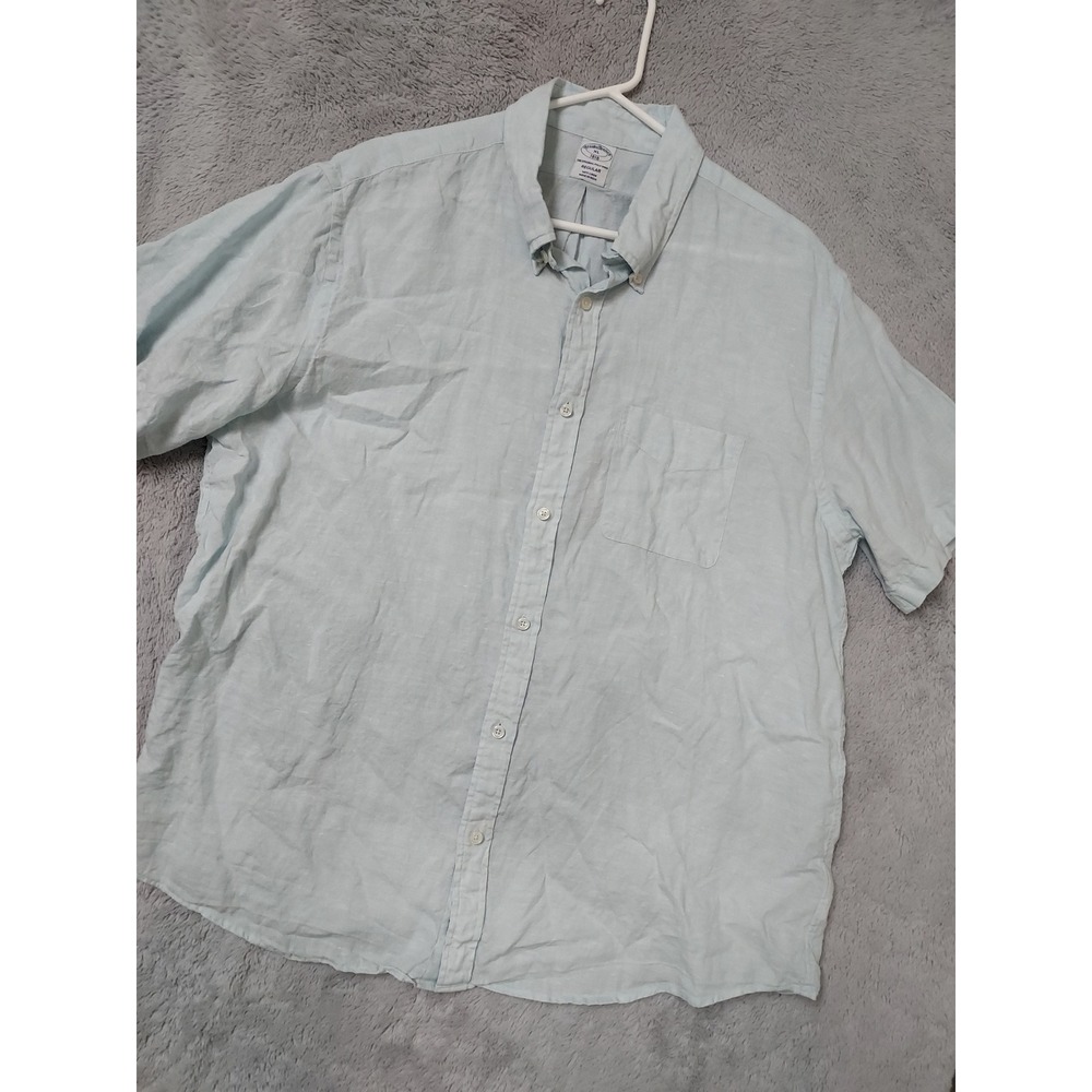 Brooks Brothers Shirt Mens XL Short Sleeve Button Down 100% Linen Blue Beach